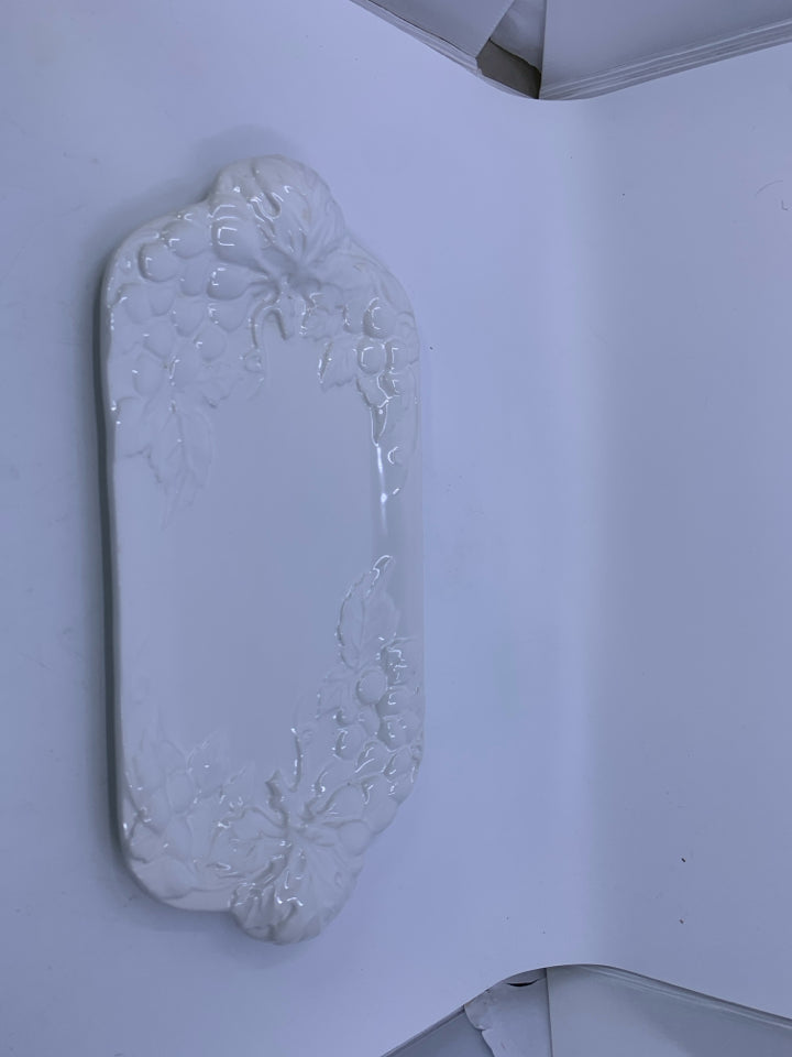 WHITE RECTANGLE TRAY W/ EMBOSSED GRAPES & VINES.