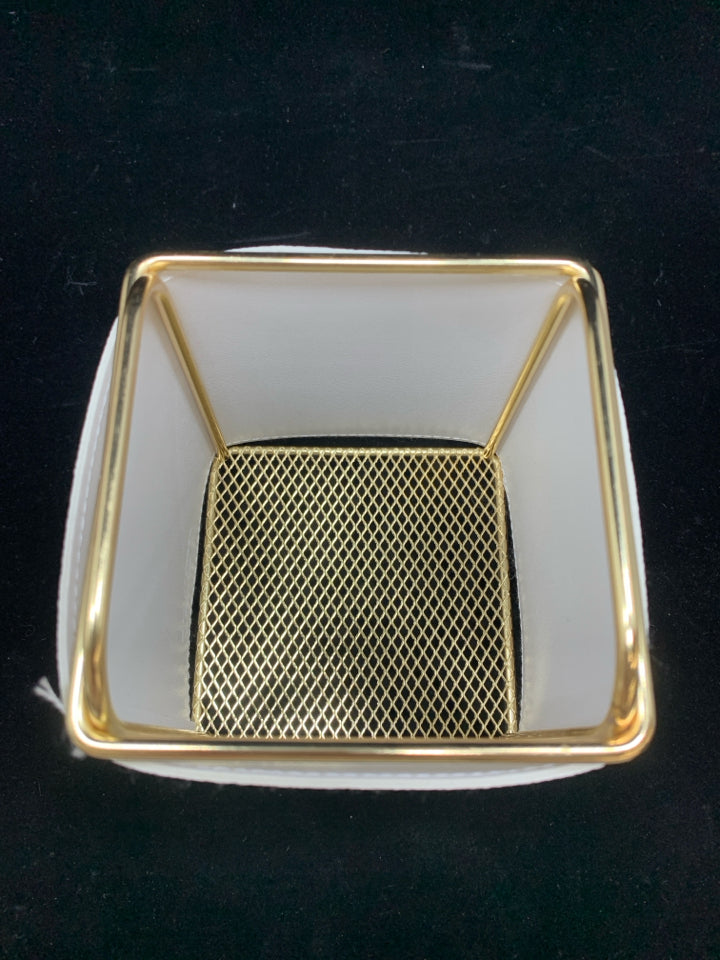 GOLD AND WHITE FAUX LEATHER DESK ORGANIZER.