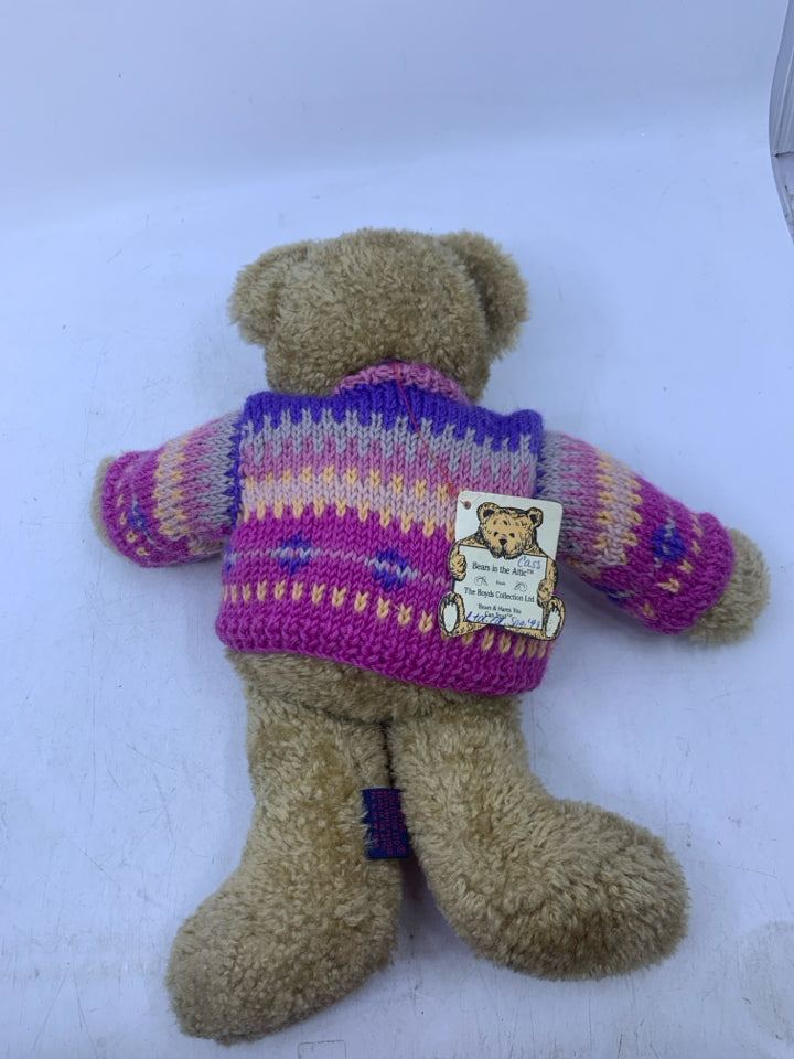 LIGHT BROWN BEAR W/ COLORFUL SWEATER/ PURPLE BOW BOYDS BEAR.