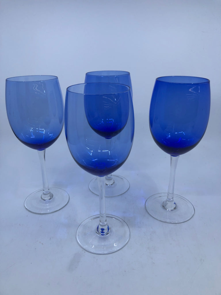 4 COBALT BLUE WINE GLASSES W/ CLEAR STEM.