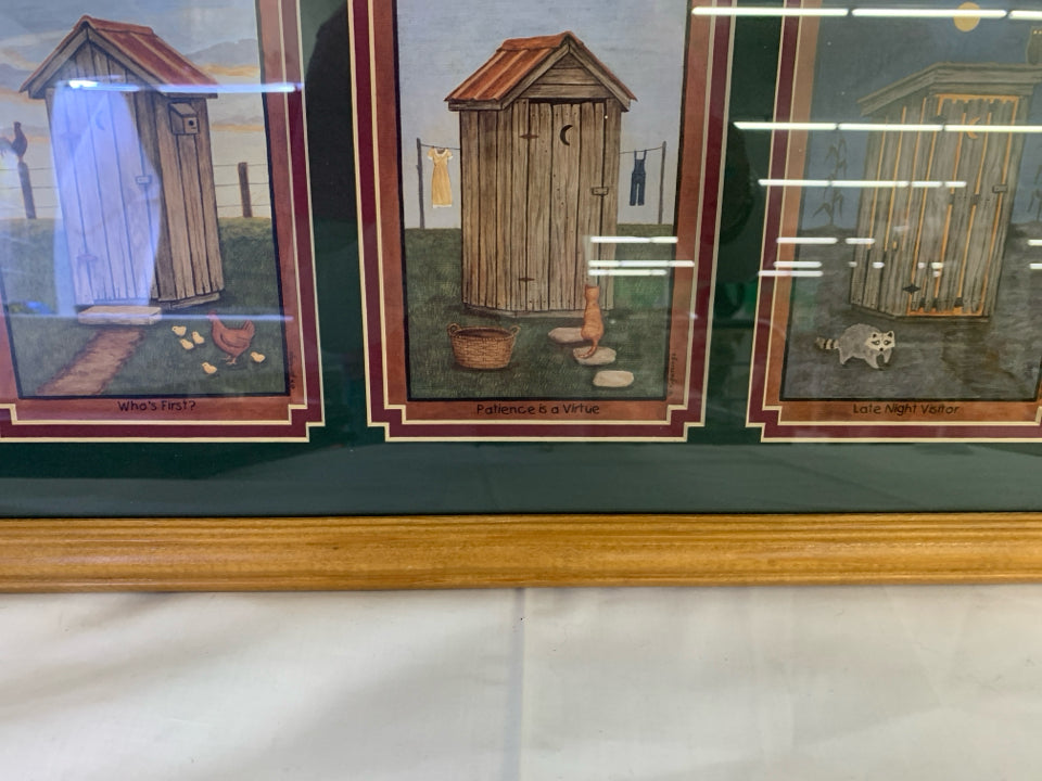 3 OUTHOUSE DRAWINGS IN WOOD FRAME WALL HANGING.