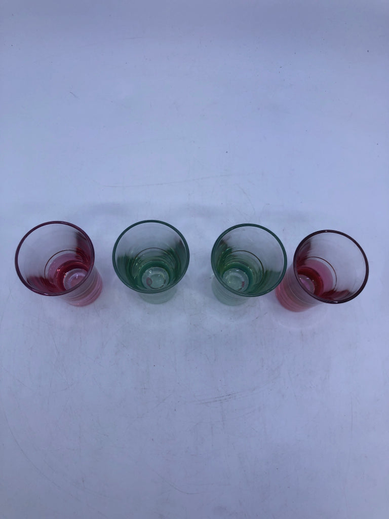 4 SHOT GLASSES GREEN/PINK W GOLD STRIPE.