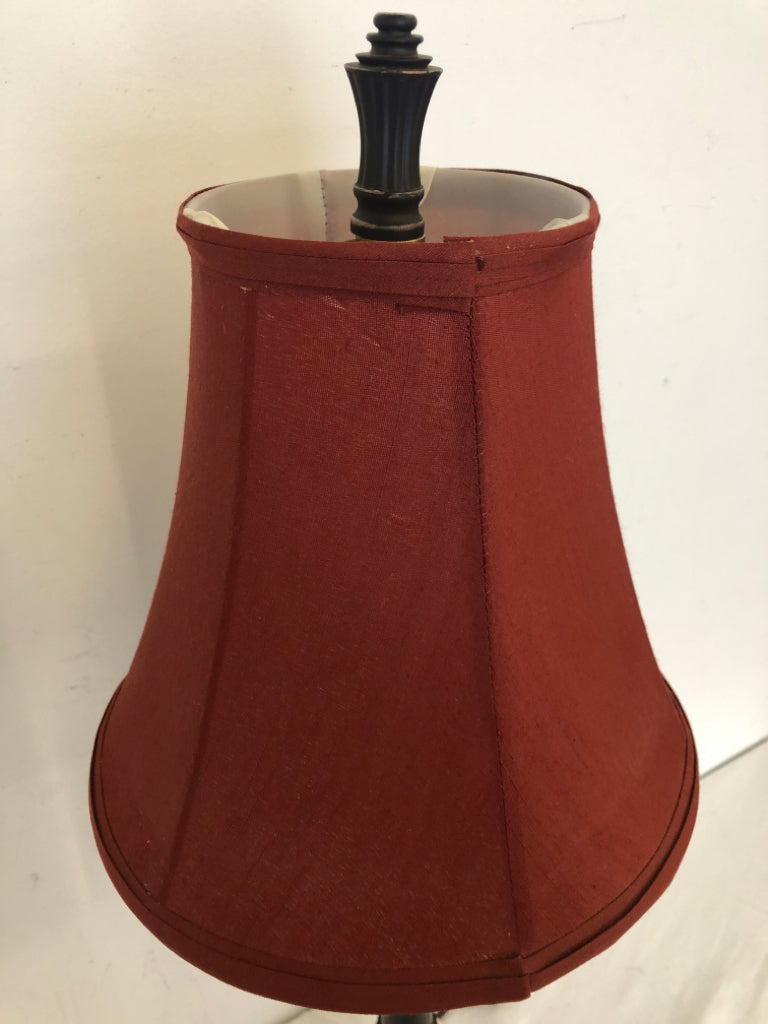 BLACK SKINNY BASE LAMP W RED SHADE.