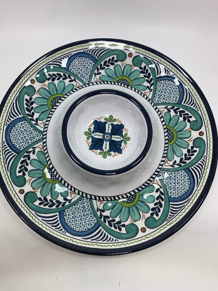MELAMINE CHIP/DIP BLUE FLORAL TRAY.