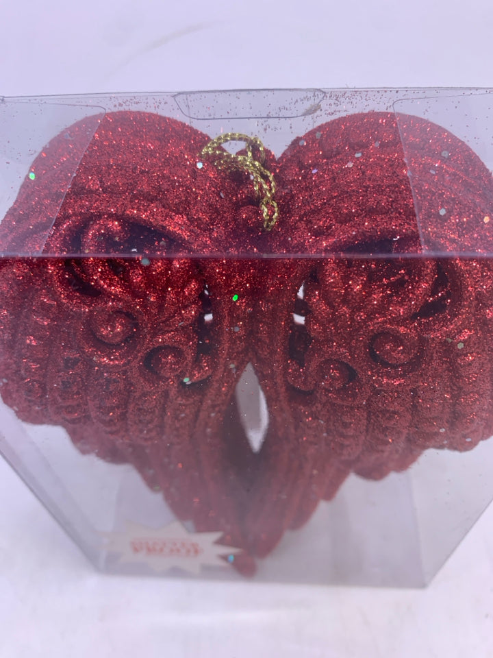 NIP 3 RED GLITTER ANGEL WINGS ORNAMENT.