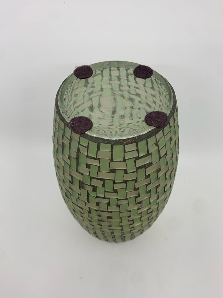 TAN AND GREEN GLASS MOSAIC VASE.