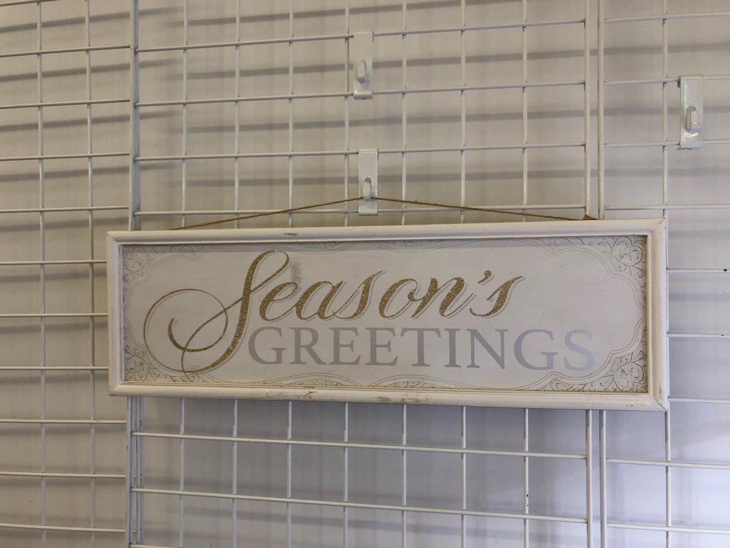 WHITE "SEASON'S GREETINGS" GOLD/SILVER WOOD SIGN.