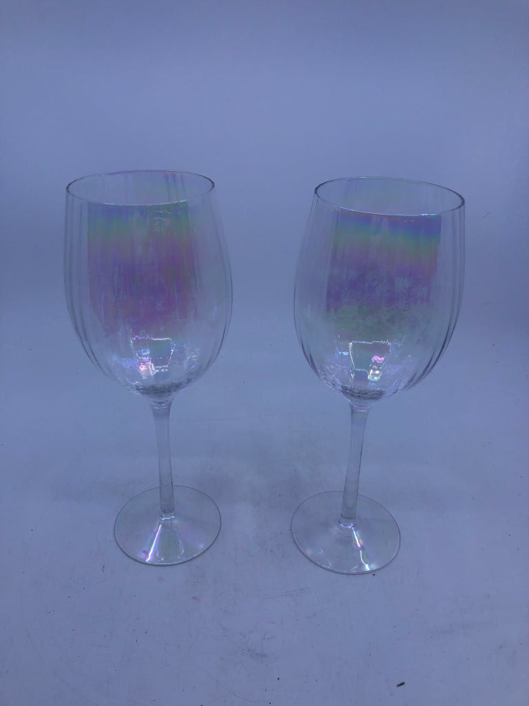 2 RIBBED IRIDESCENT WINE GLASSES.