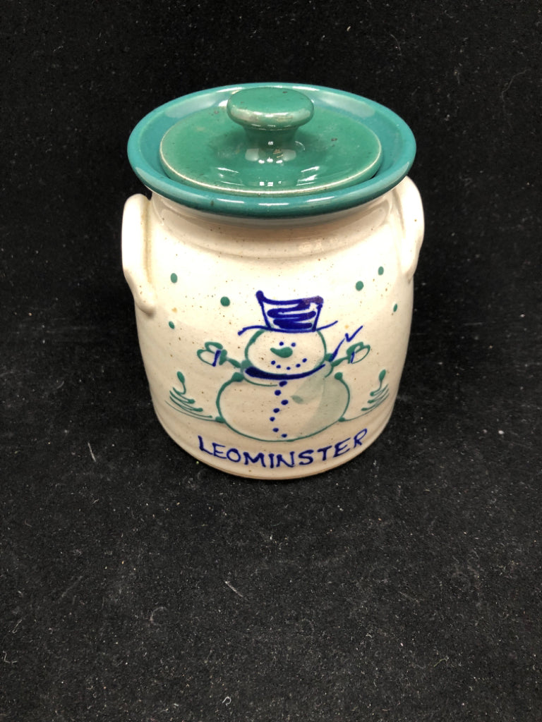 LEOMINSTER STONEWARE CROCK W/ SNOWMAN.
