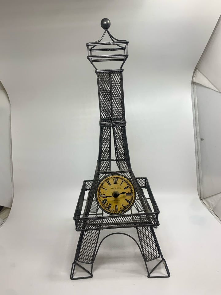 GREY METAL EIFFEL TOWEL CLOCK.