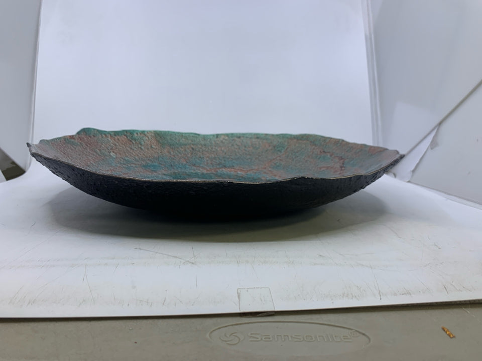 LARGE BLUE/PINK GLASS BOWL UNEVEN EDGE.