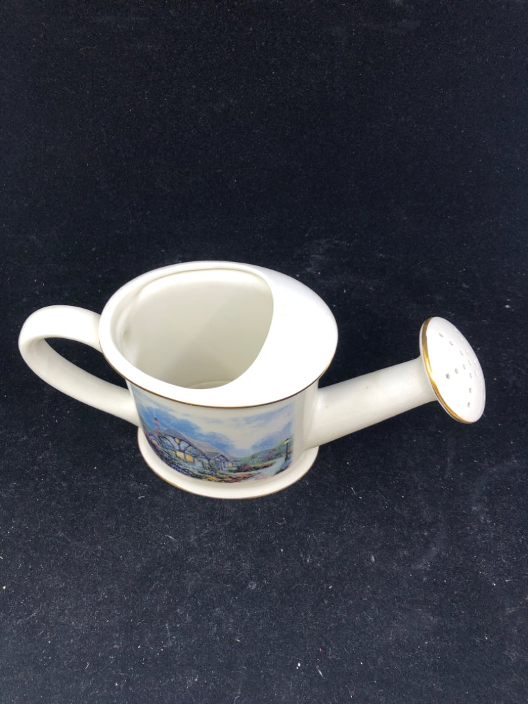 THOMAS KINKADE WATERING CAN WITH GOLD TRIM PLANTER.