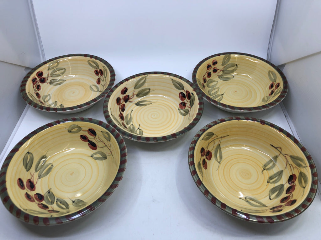5 YELLOW W RED/GREEN ACCENT BOWLS.