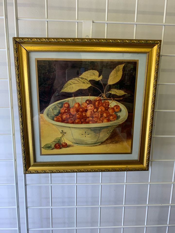 CHERRIES IN A BOWL PRINT WITH GOLD FRAME WALL HANGING.