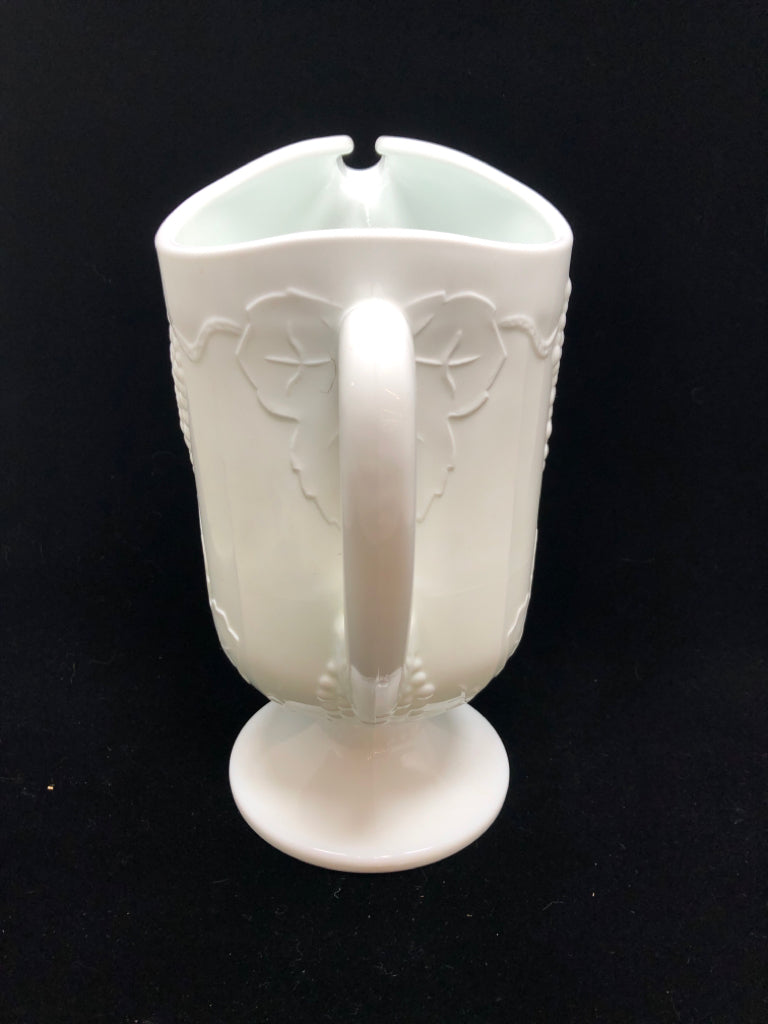VTG EMBOSSED GRAPES MILK GLASS PITCHER.