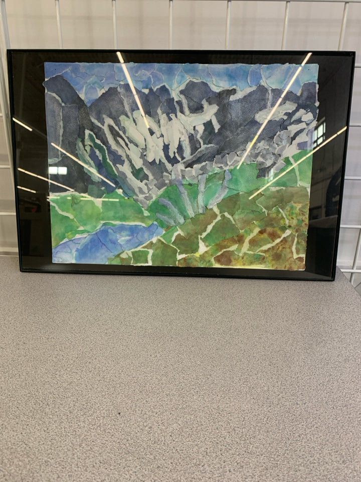 ABSTRACT MIXED MEDIA BLUE+GREEN FRAMED ART.