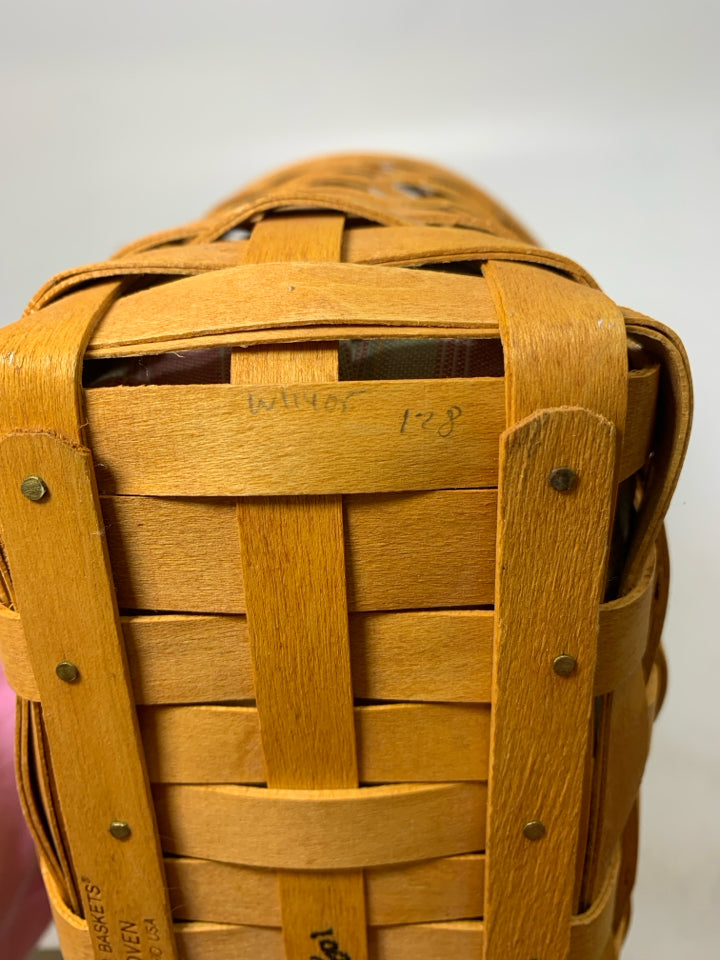 VTG LONGABERGER SMALL BOARDWALK BASKET TOTE W/ DRAWSTRING STRIPED LINER & PROTEC