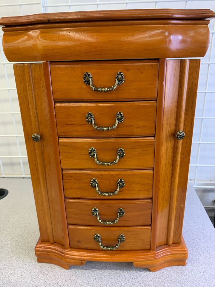 OPEN TOP WOOD JEWELRY BOX WITH 2 DOORS 6 DRAWERS/MIRROR.