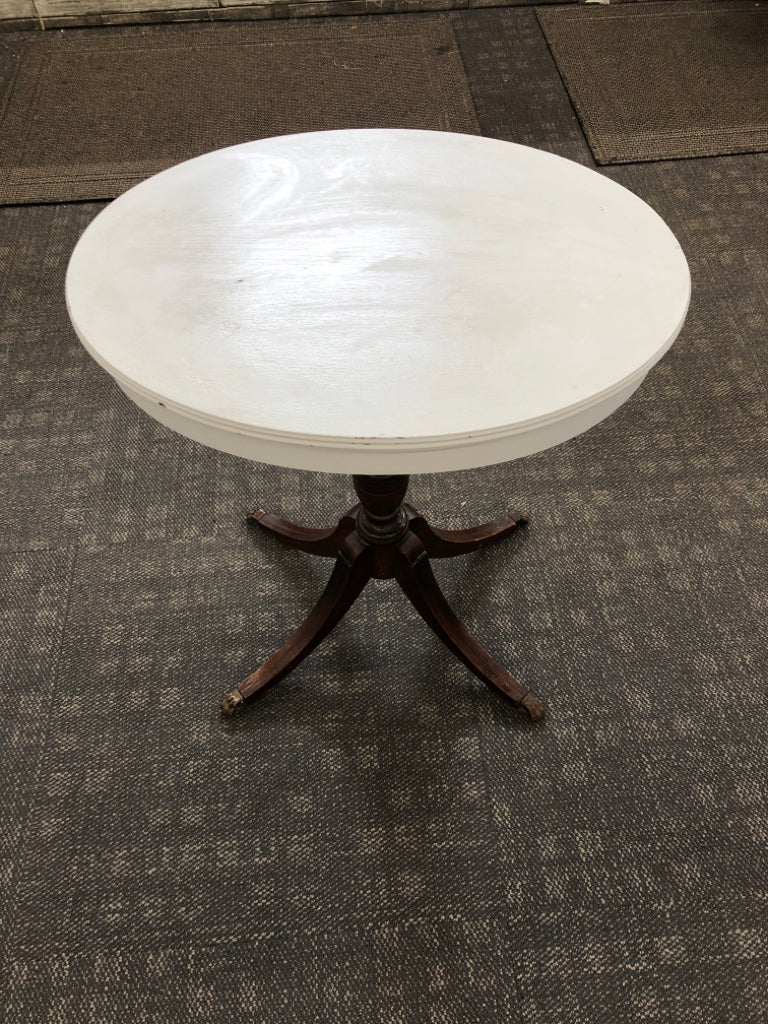 WOODEN TABLE W/BLUE PAINTED TOP & CLAW FEET.