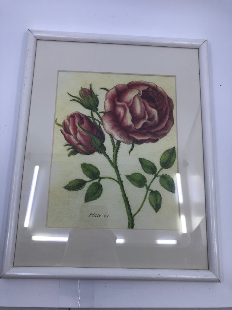 WHITE FRAMED ROSE PAINTING.
