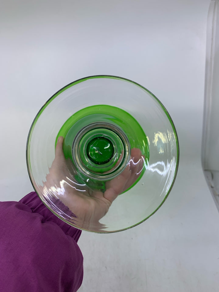 CLEAR FOOTED GREEN GLASS CENTERPIECE.
