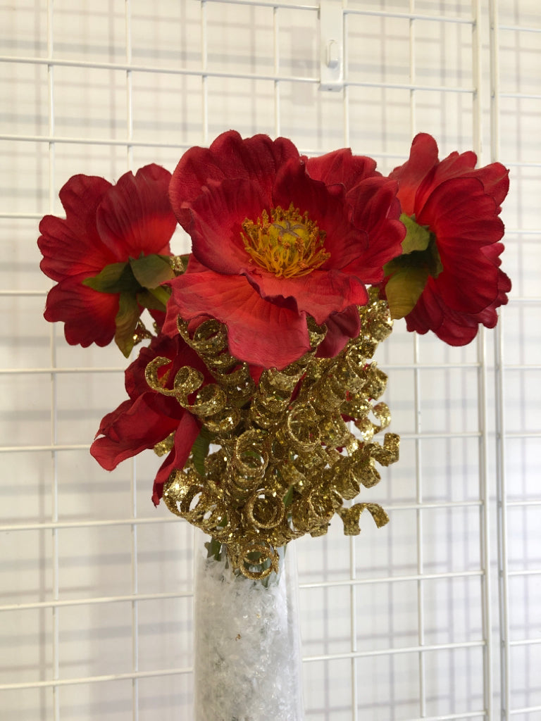 RED FLORALS W/GOLD TWIRLS IN CRACKLE VASE.