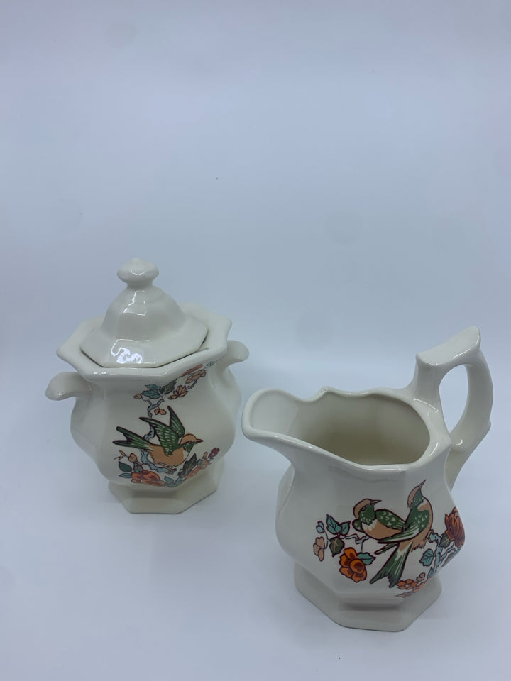 LARGE CREAM GREEN PAINTED BIRDS SUGAR AND CREAMER.