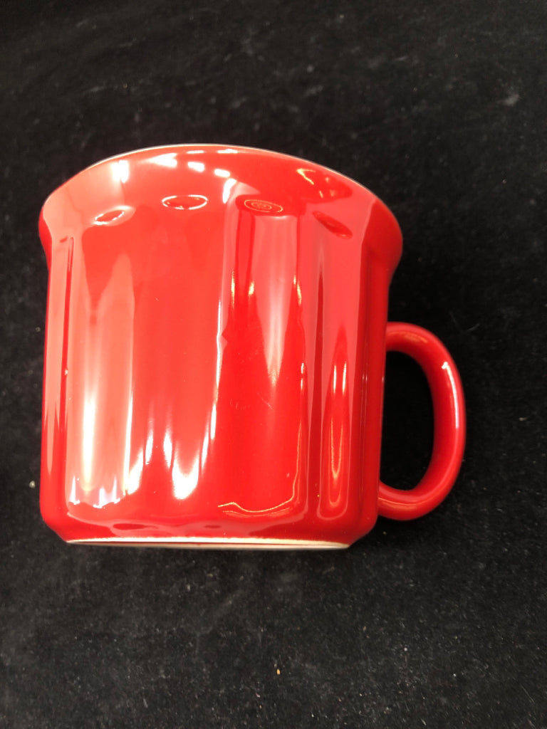 2 RED CERAMIC SOUP MUGS W/HANDLE.