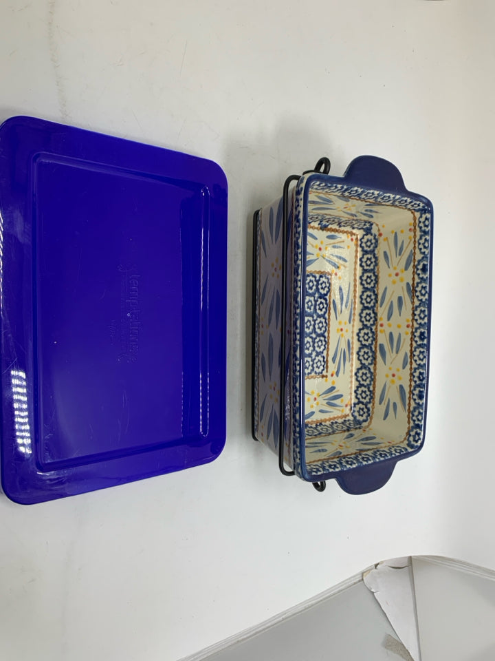 BLUE OLD WORLD LOAF PAN W/ WIRE RACK + LID.