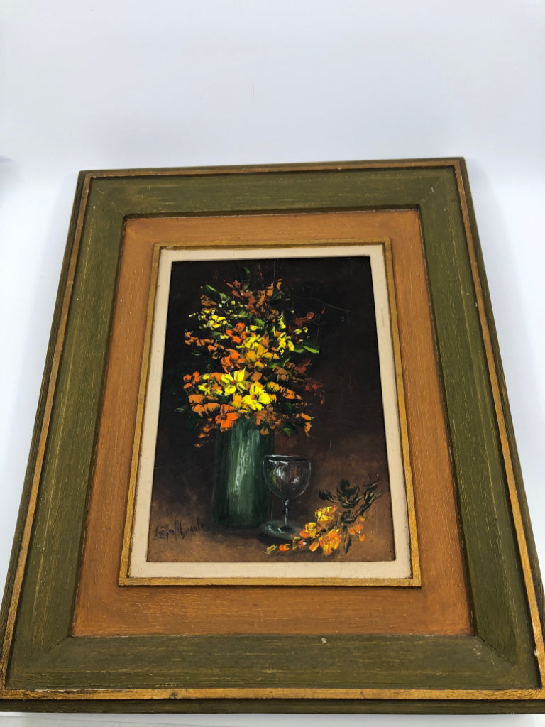 PAINTED COLORFUL FLORAL BOUQUET W/ ONE WINE GLASS THICK GREEN/TAN FRAME WALL ART