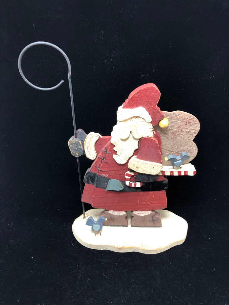 WOODEN SANTA W/ BLUE BIRDS.