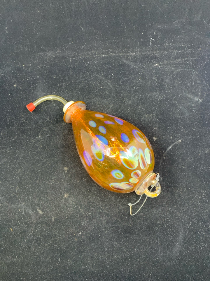 ORANGE BLOWN GLASS HUMMINGBIRD FEEDER.