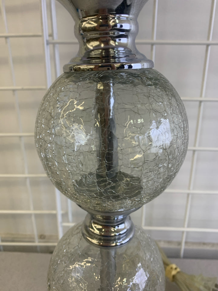 SILVER/GLASS BALL BASE LAMP W/WHITE SHADE.