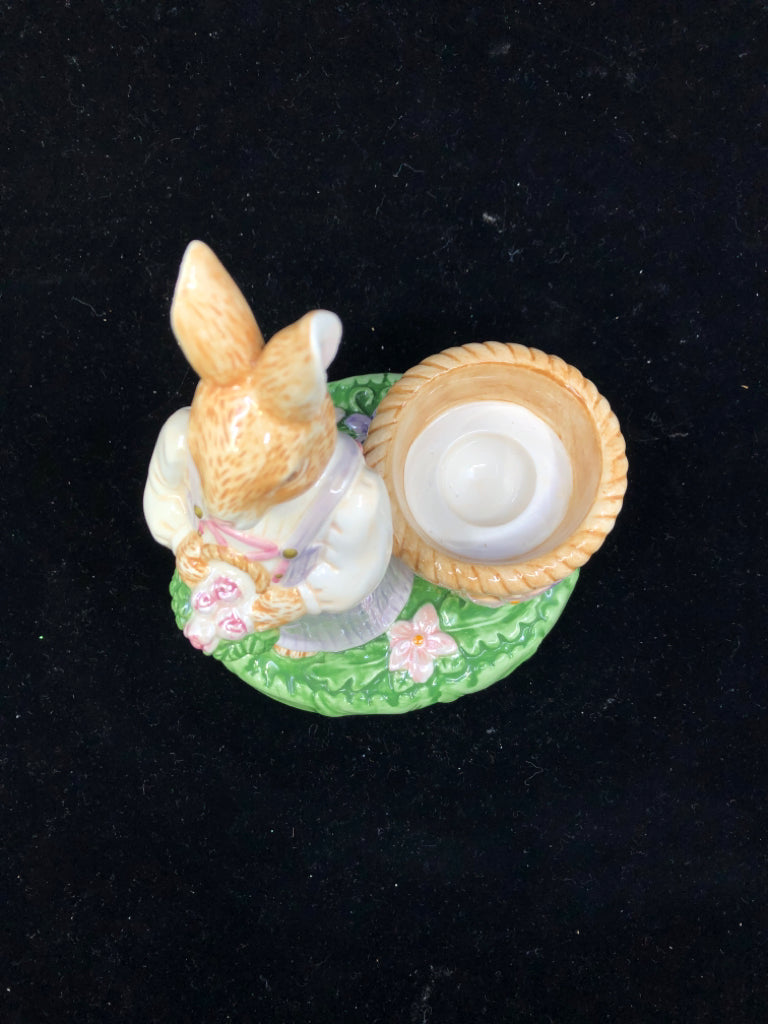 AVON CERAMIC TEA LIGHT HOLDER W/ RABBIT IN DRESS.