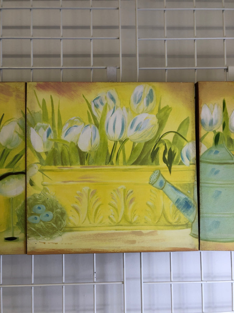 3PC YELLOW FLORAL CANVAS WALL ART.