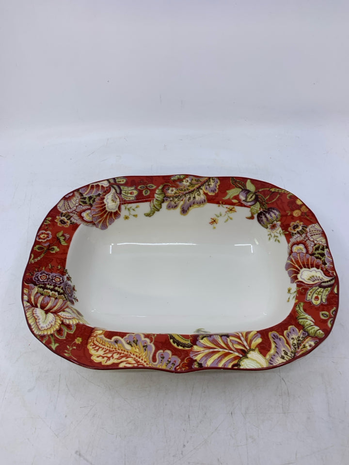 RECTANGLE DARK RED FLORAL EDGE SERVING BOWL.