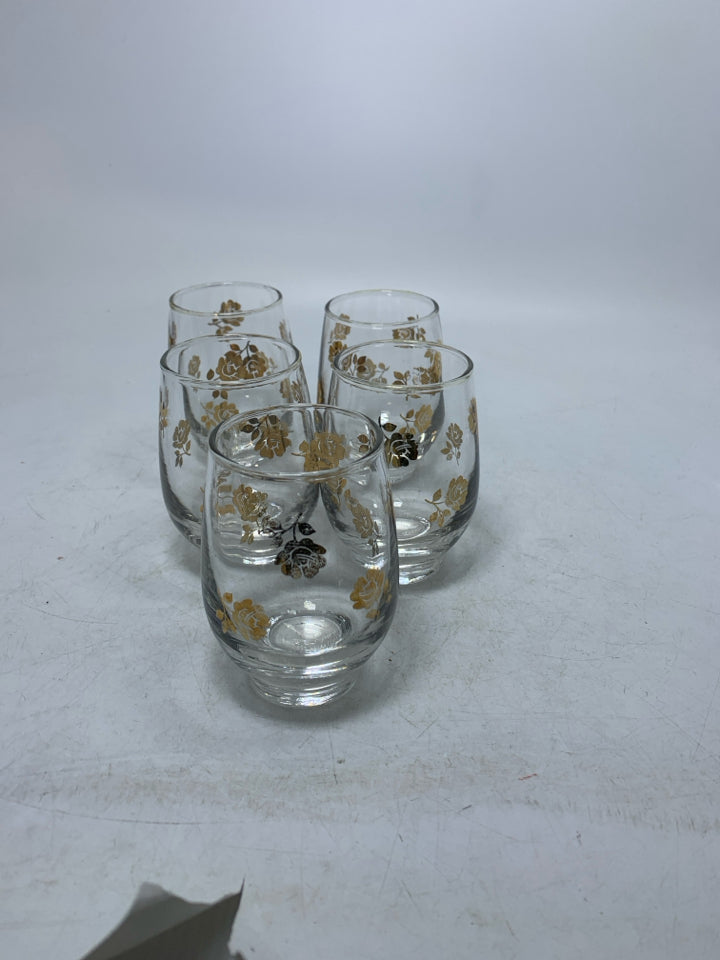5 HEAVY BOTTOM CORDIAL GLASSES W/ GOLD ROSES.