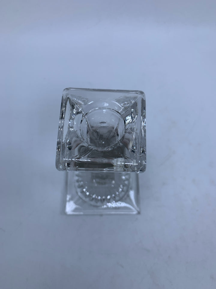 CLEAR GLASS SQUARE BOTTOM TAPERED CANDLE HOLDER ETCHED FLOWERS.