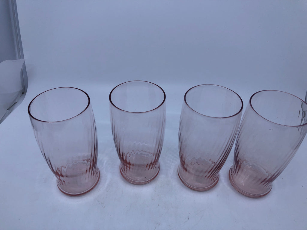 4 PINK SWIRLED GLASS WATER GLASSES.