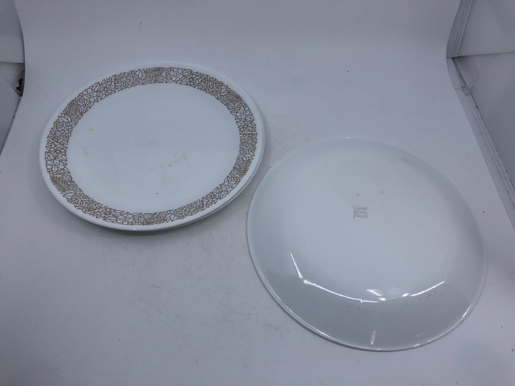 4 BROWN FLORAL PATTERN CORELLE DINNER PLATES.