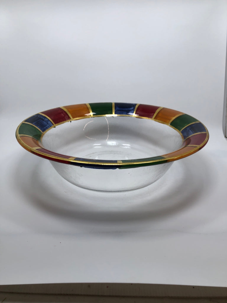 GLASS SERVING BOWL W/COLORFUL AND GOLD EDGE.