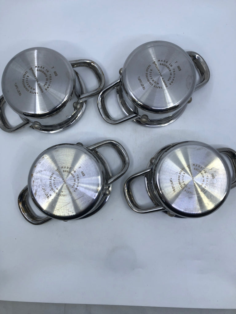 4 MINI STAINLESS STEEL POTS.