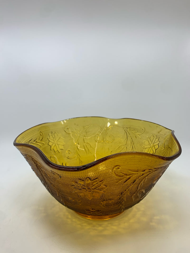 VTG AMBER GLASS BOWL W/EMBOSSED FLOWERS.