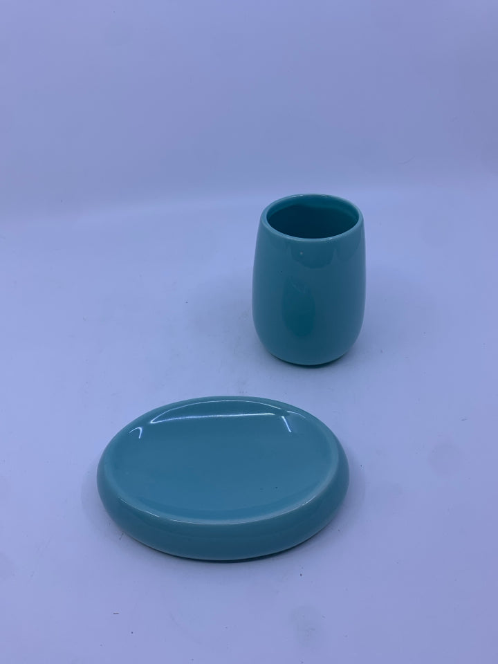 2 PC BATHROOM SET SOAP HOLDER & CUP TIFFANY BLUE