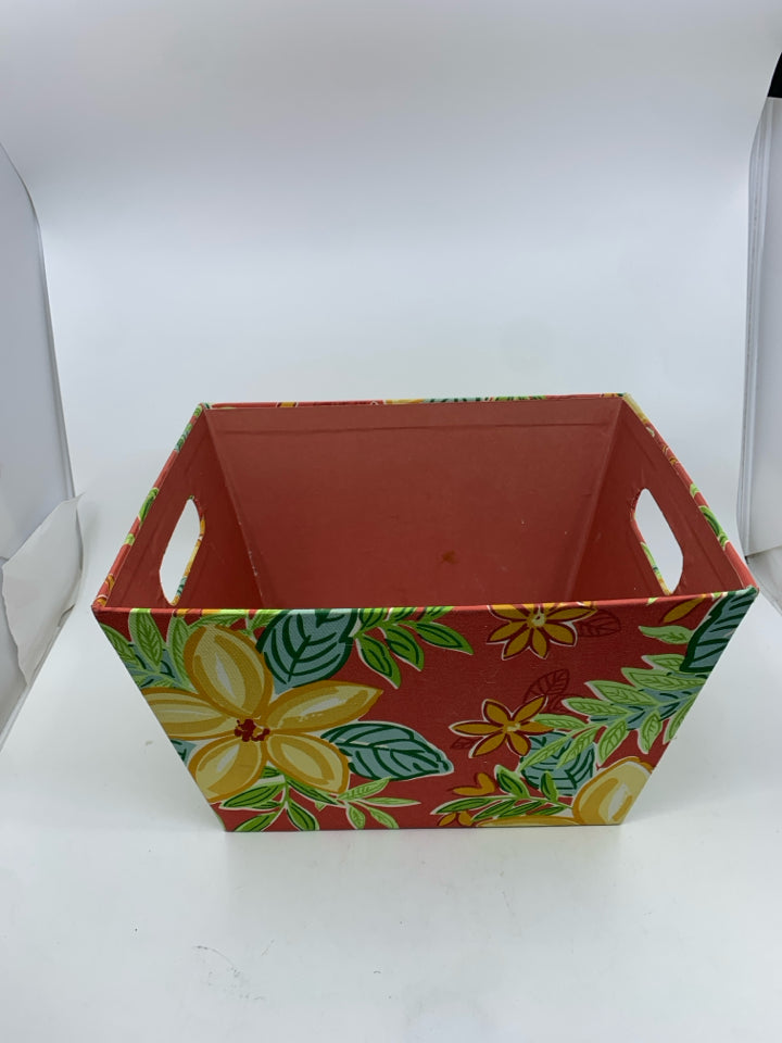 RED AND YELLOW FLORAL BASKET W HANDLES.