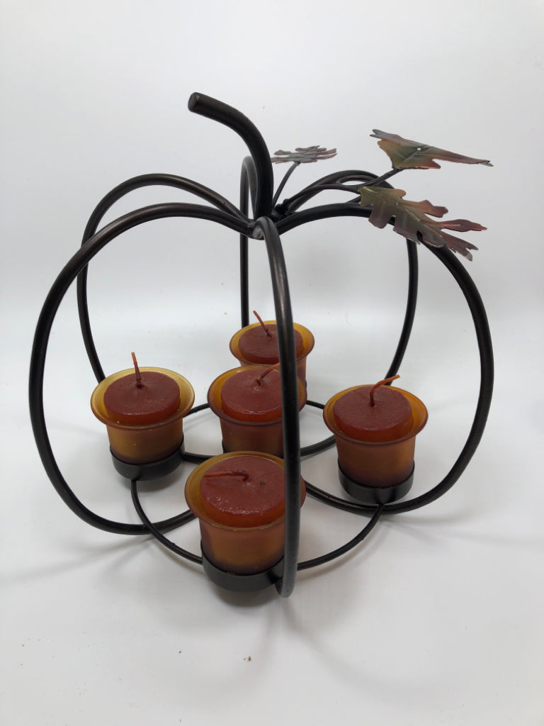PUMPKIN CAGE CANDLE HOLDER W/CANDLES.