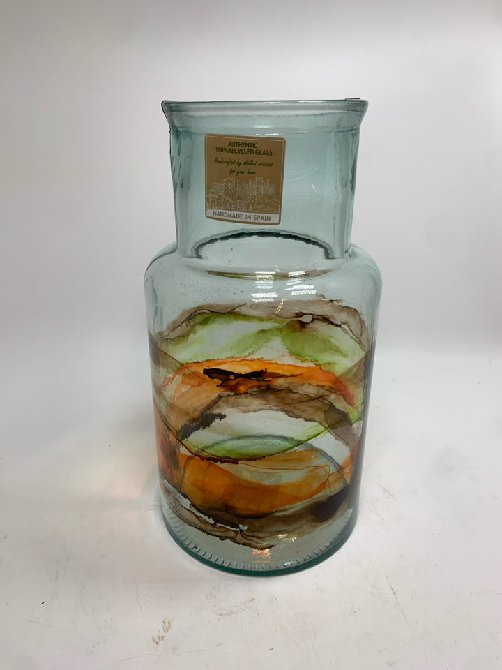 BLOWN GLASS VASE W/BROWN SWIRLS.