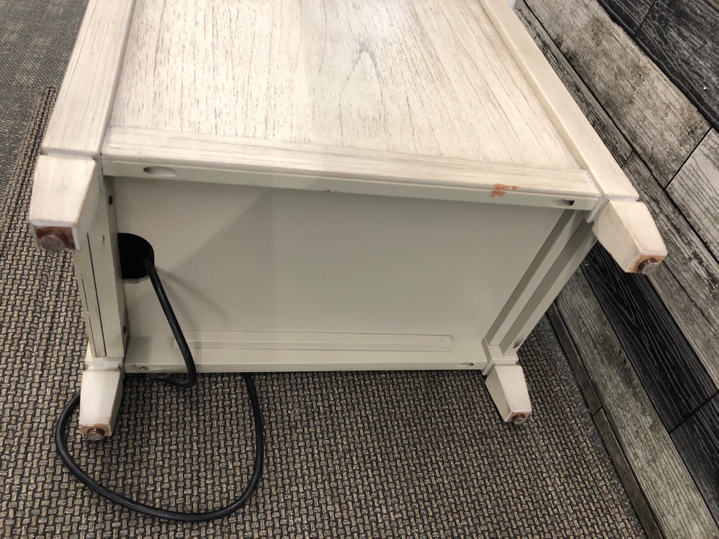 WOOD TOP GREY SIDE TABLE W/DOOR AND OUTLETS.