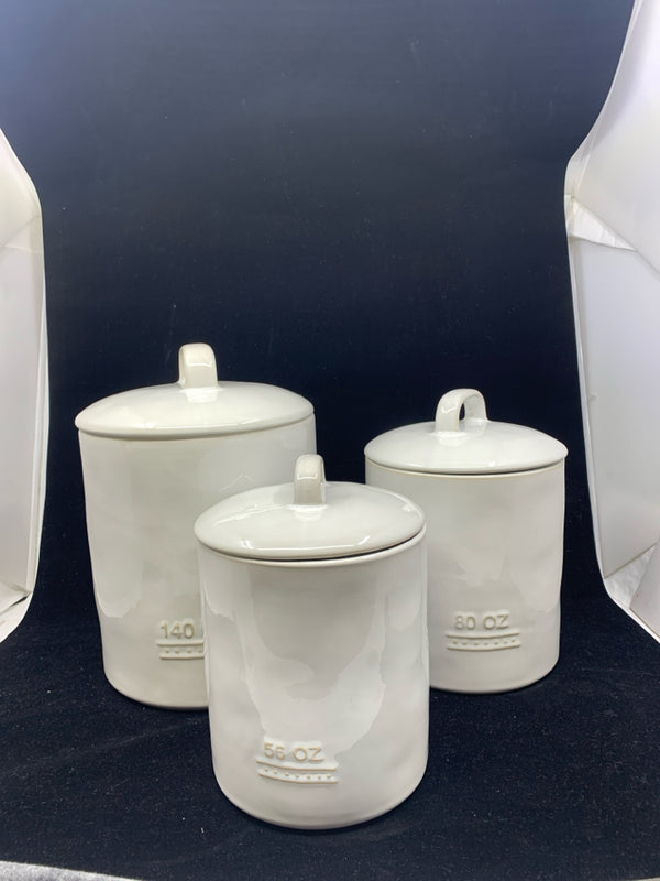 3 BICO WHITE CERAMIC CANISTERS EMBOSSED OZ.