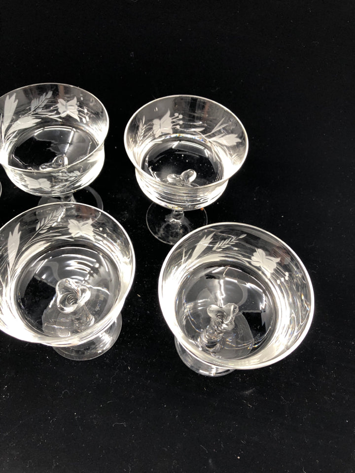 6 ETCHED FLOWERS DESSERT GLASSES W/ TWISTED STEM.